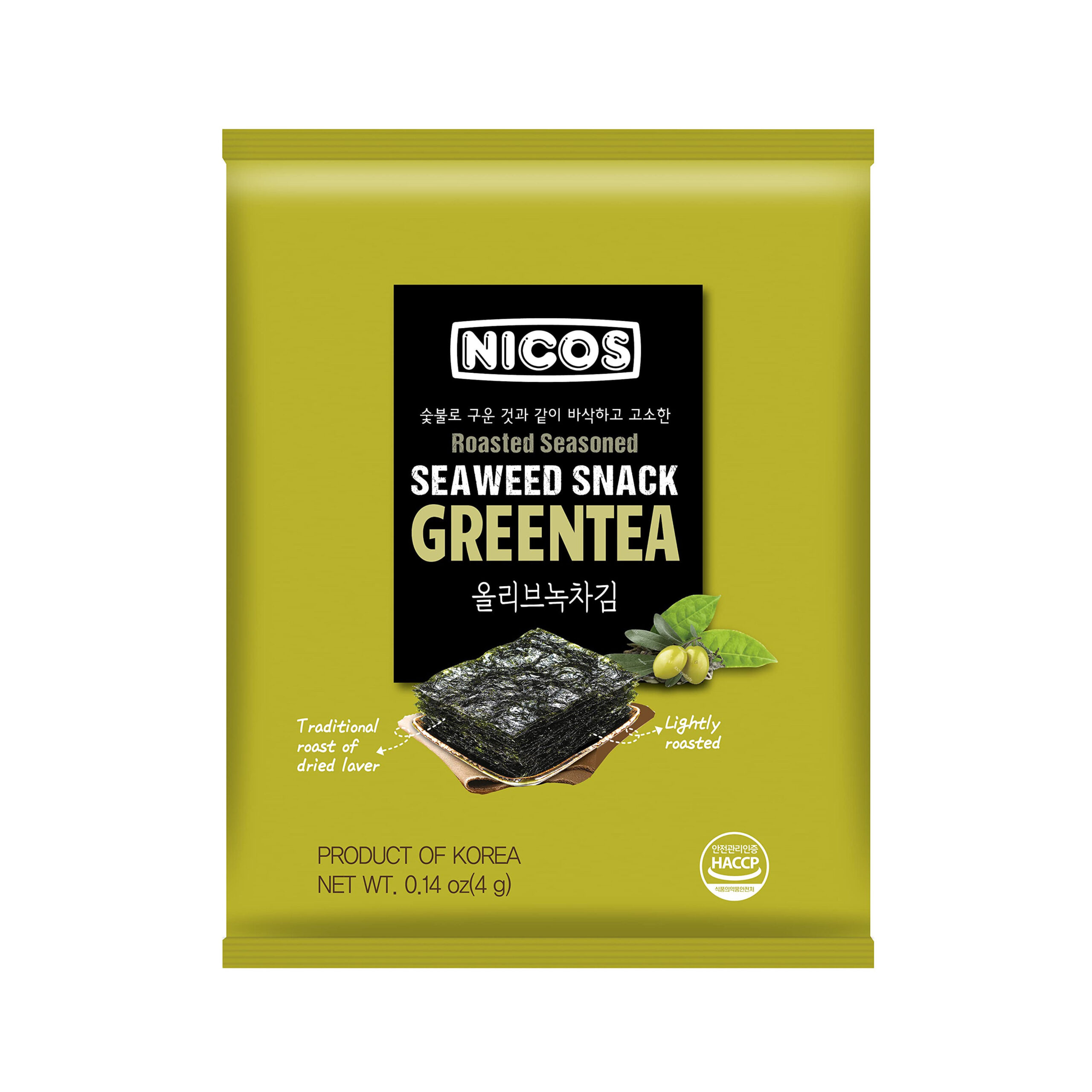 Морская сушёная капуста Nicos Seaweed Snack Green Tea со вкусом зелёного чая 4гр., Корея