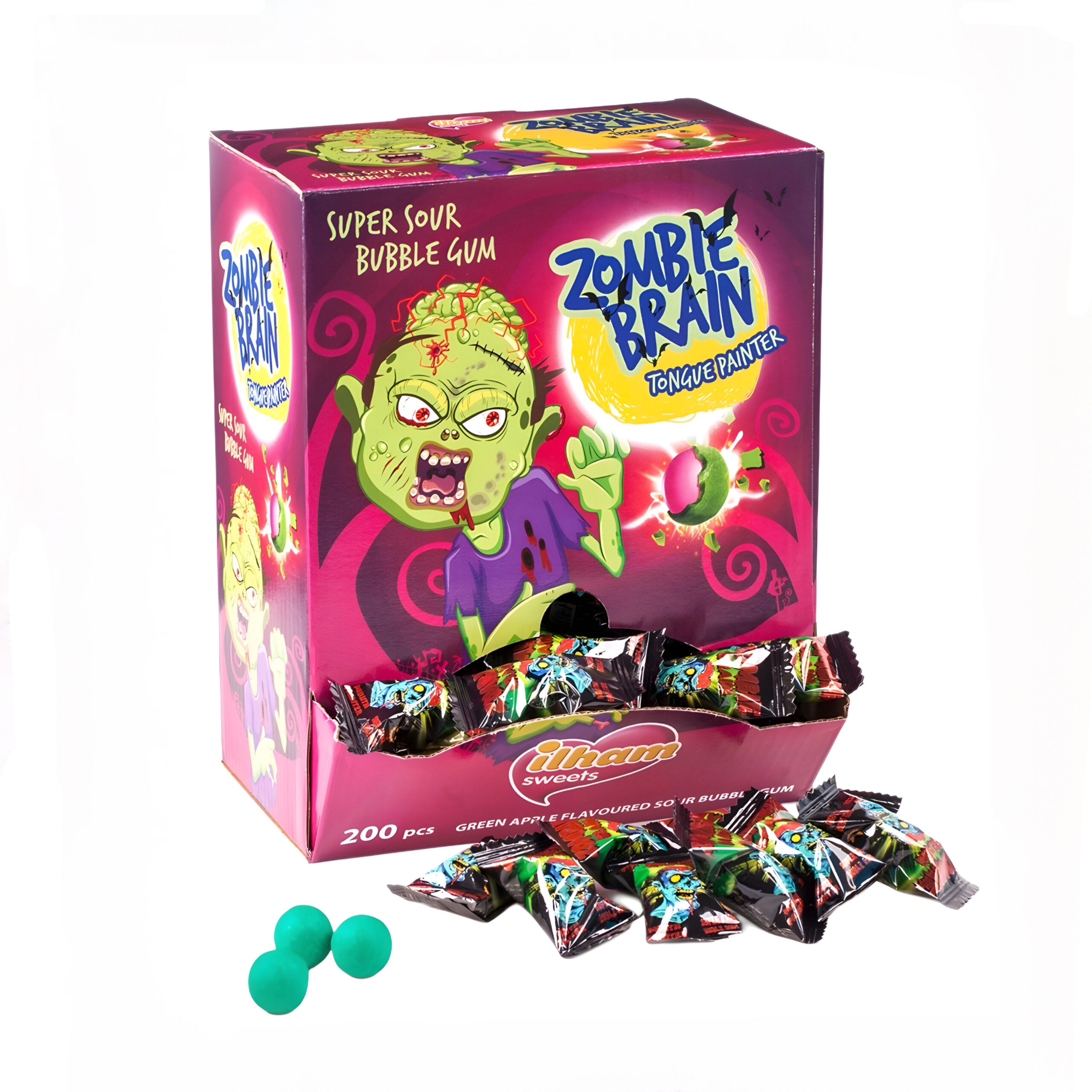 Жевательная резинка «ZOMBIE BRAIN» суперкислая красящий язык Ilham Sweets 3,5гр., Турция
